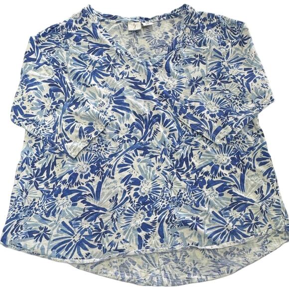 Joie Top Womens 1X Plus Size‎ White Blue Floral V Neck 3/4 Sleeve Knit Cotton - Picture 1 of 6